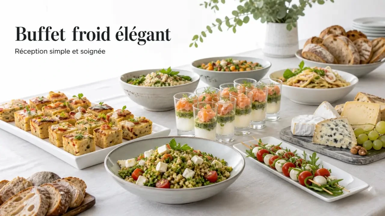 Plat froid pour buffet sur table dressée avec cakes salés, salades composées et verrines