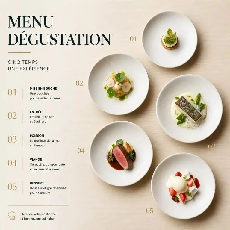 Structure d'un menu dégustation en cinq services