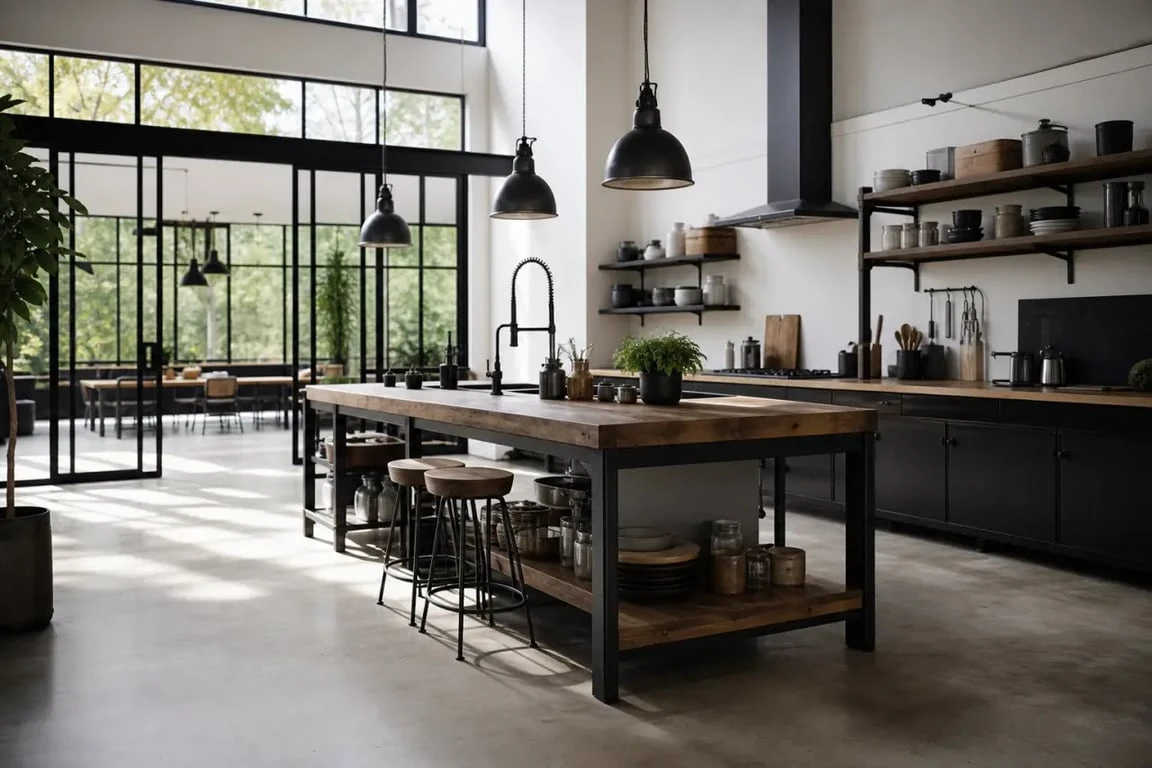 Cuisine atelier avec verrière noire, îlot central en bois et métal, ambiance lumineuse et chaleureuse