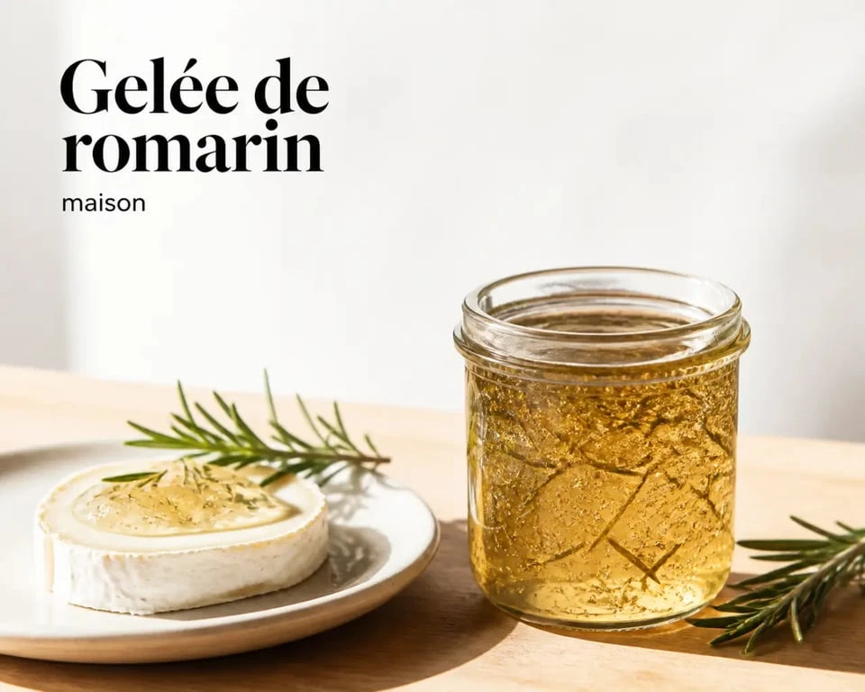 Gelée de romarin servie en petit pot avec fromage de chèvre et romarin frais