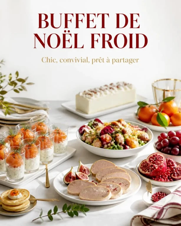 Buffet noël froid chic et convivial avec verrines, saumon fumé et desserts d'hiver