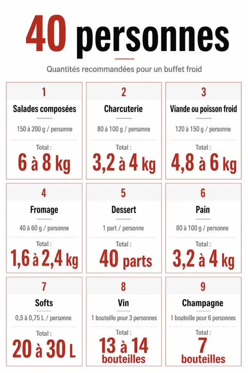 Quelle quantité pour un buffet froid de 40 personnes : infographie des portions par catégorie