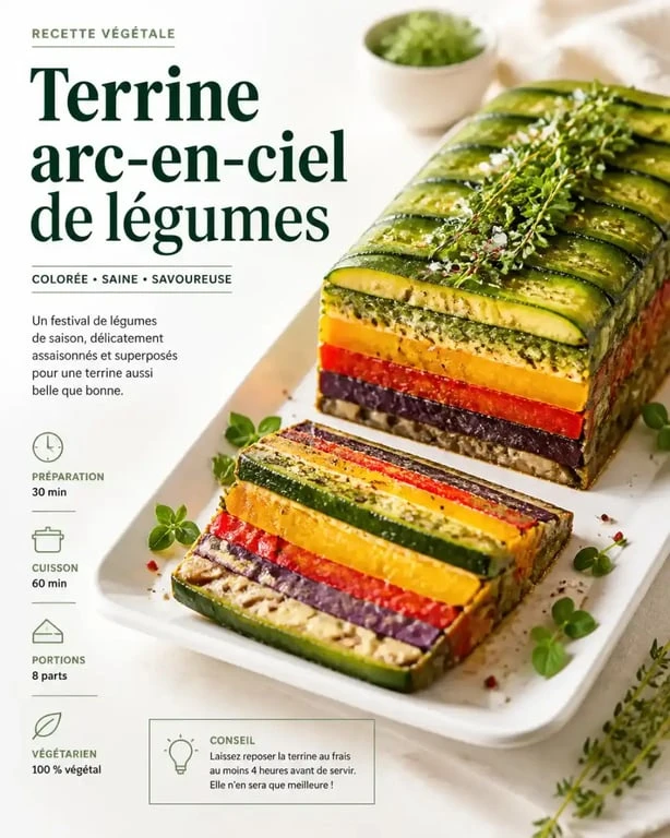 Terrine de légumes pour buffet froid arc-en-ciel coupée en tranches régulières