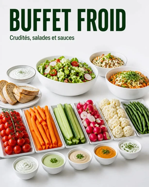 Buffet froid crudités présenté sur une table avec légumes croquants, salades et sauces séparées