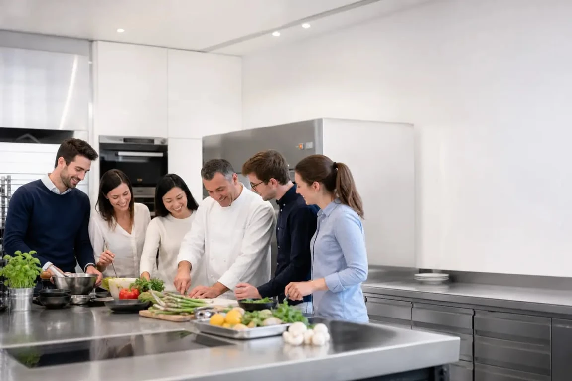 Cours de cuisine entreprise en atelier collectif avec chef et collaborateurs dans une cuisine professionnelle