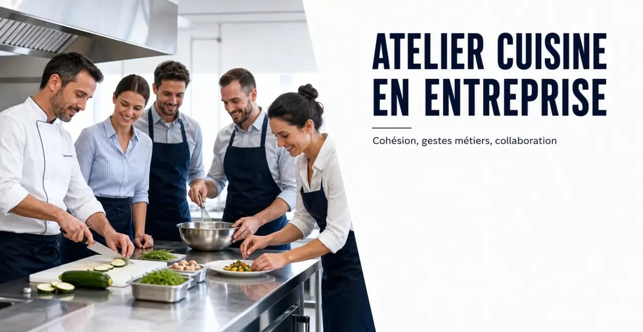 Cours de cuisine entreprise en atelier collectif avec chef et collaborateurs dans une cuisine professionnelle