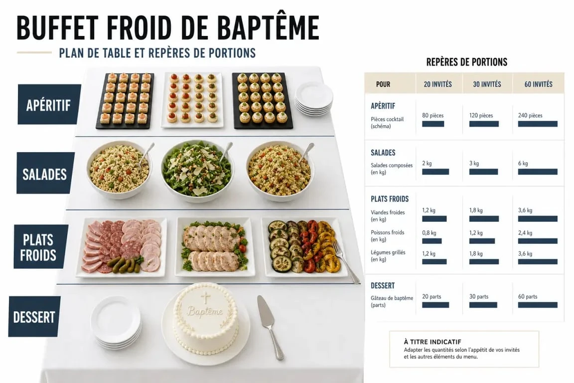Buffet froid pour un baptême : table élégante organisée par familles d’aliments et repères de quantités