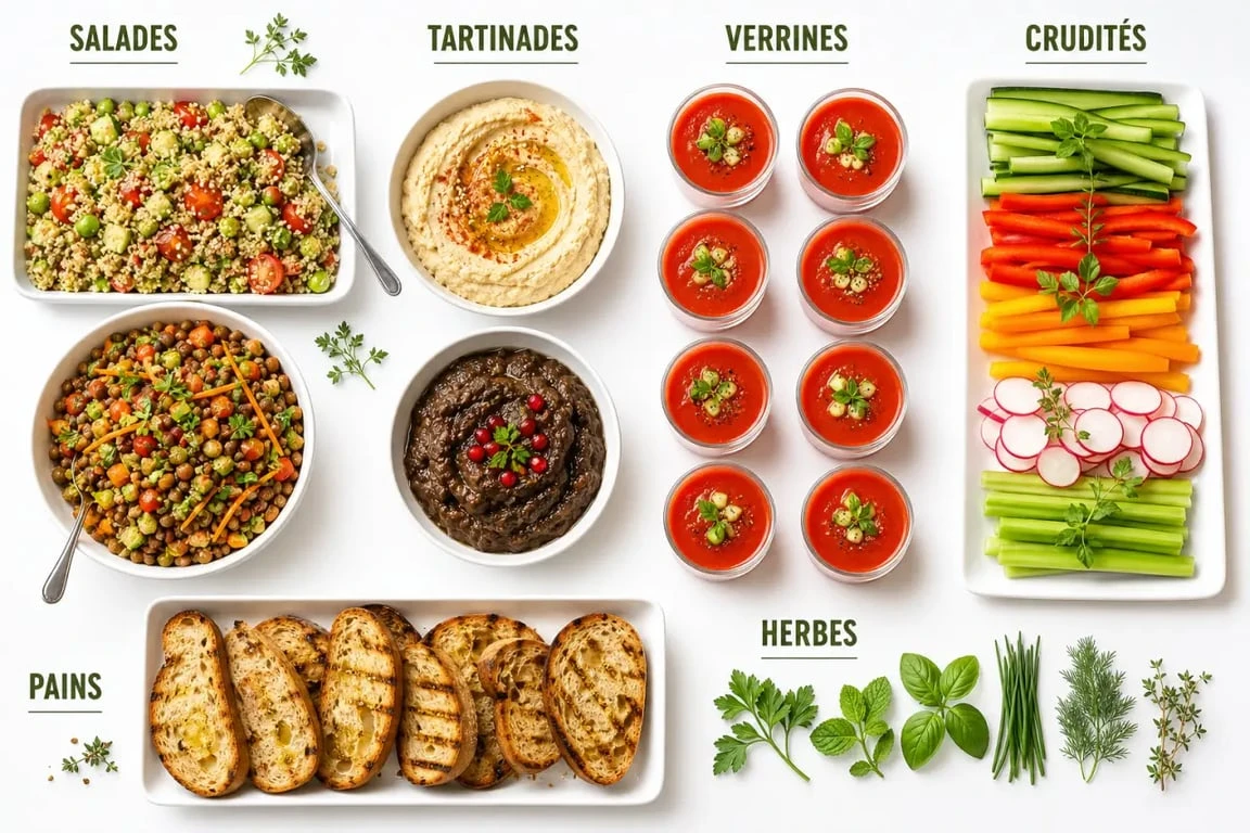 Buffet froid végétarien coloré avec salades de quinoa, houmous et crudités, présenté de façon généreuse et organisée
