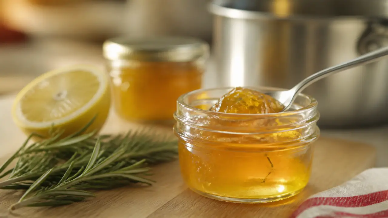 Gelee de romarin avec romarin frais et citron, pot translucide