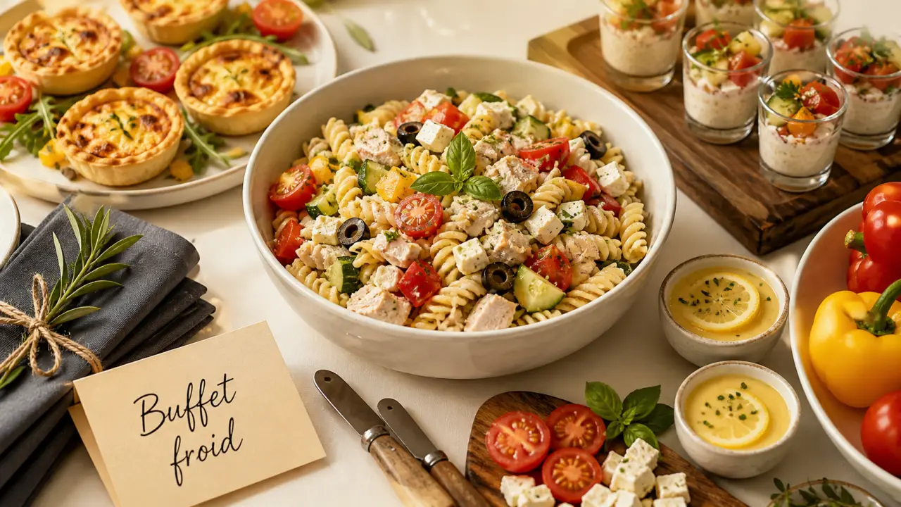Plat froid pour buffet : salade de pâtes, mini-quiches et verrines salées