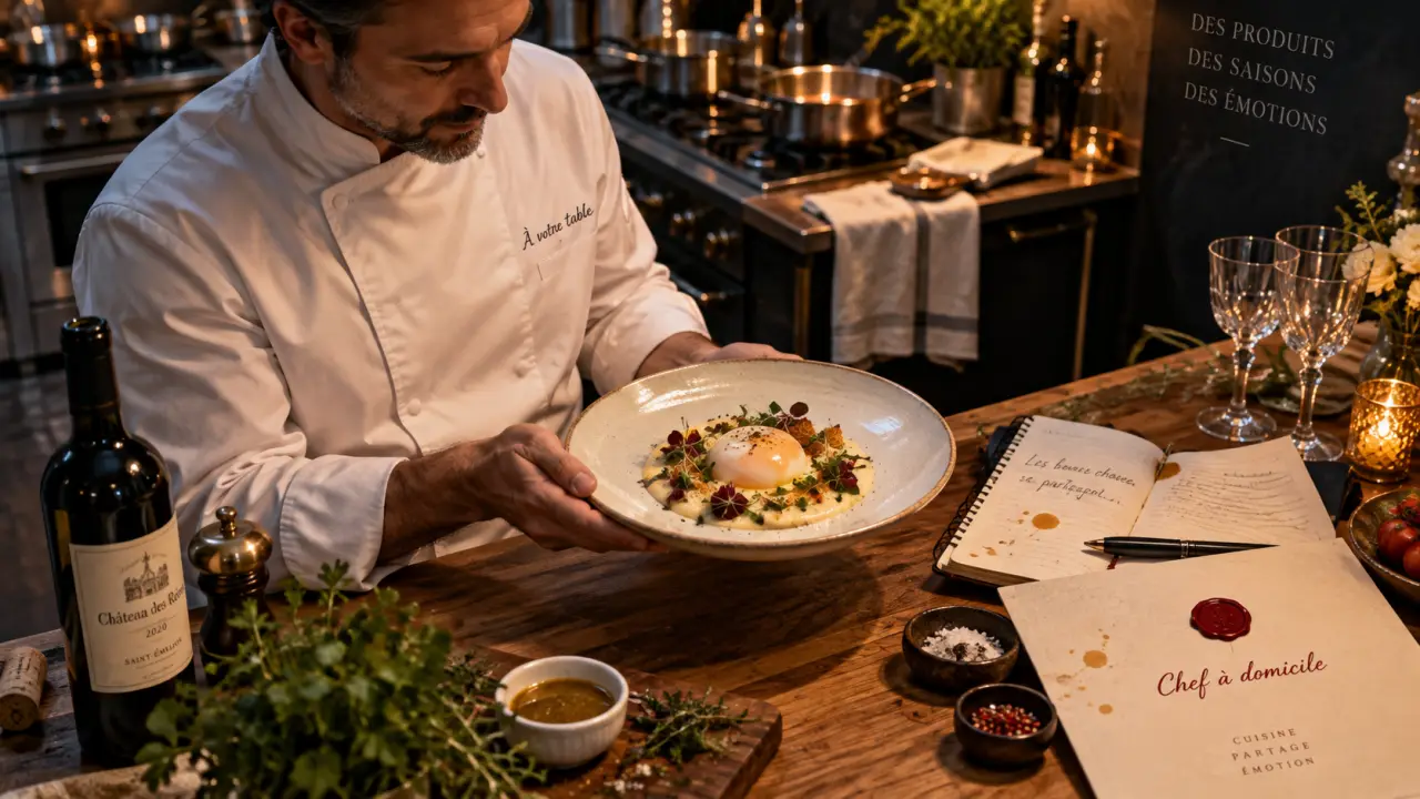 Chef à domicile Lille dressant un plat dans une cuisine privée élégante
