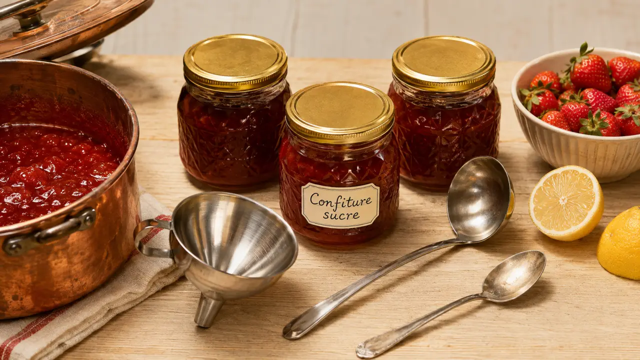 Conservateur confiture au sucre, bocaux et confiture rouge en gros plan