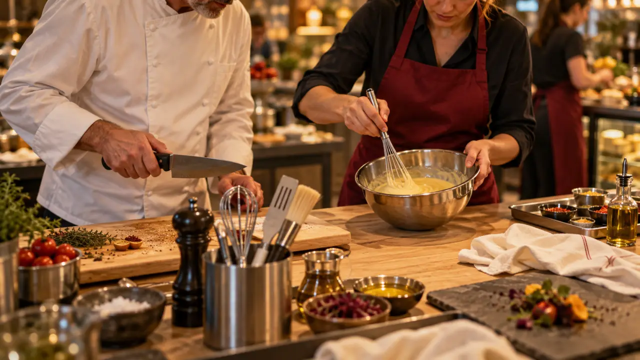 Cours de cuisine avec un chef étoilé : préparation d’une émulsion avec couteau et fouet