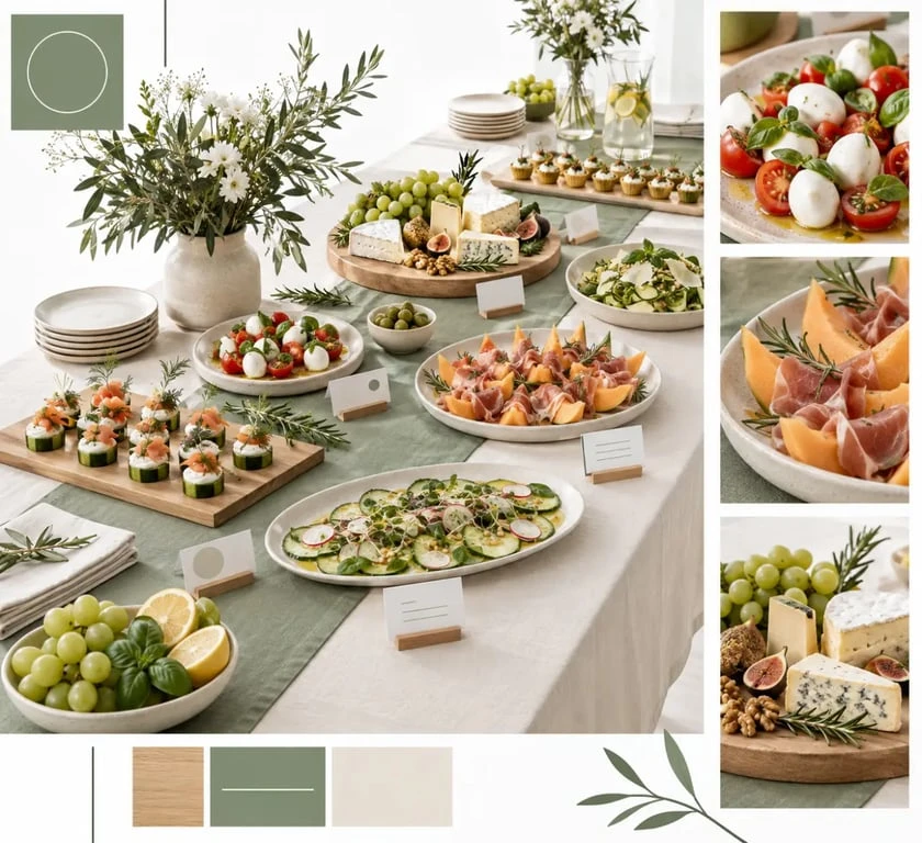 Décoration de table pour présentation buffet froid déco avec palette cohérente et signalétique