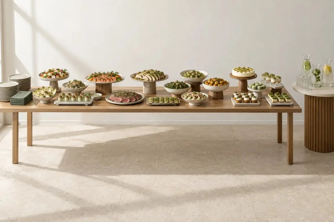 Présentation buffet froid déco avec zones organisées et table de boissons séparée