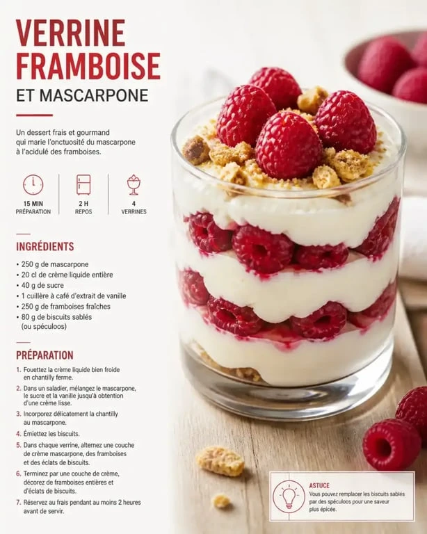Verrine framboise et mascarpone élégamment dressée dans un verre transparent