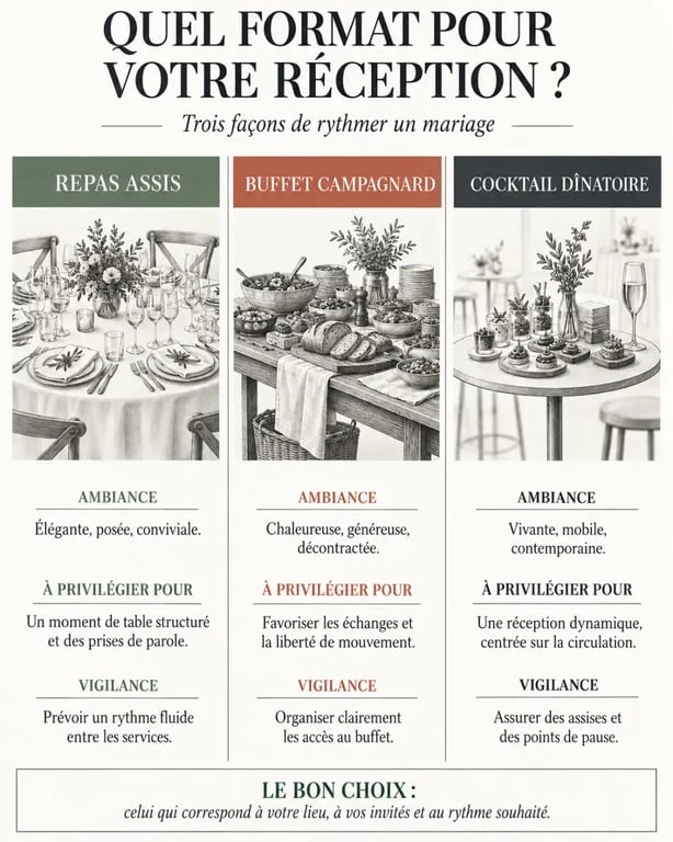 Comparatif visuel des formats de plat mariage : repas assis, buffet et cocktail dînatoire