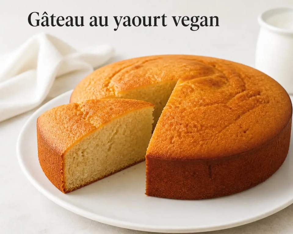 Gâteau yaourt vegan moelleux et doré sur assiette blanche