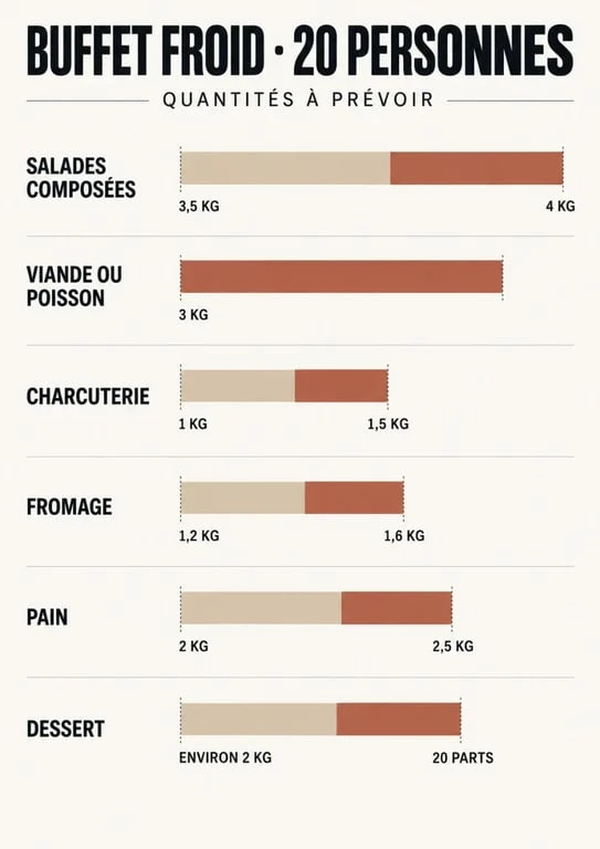 Quantités pour un buffet froid de 20 personnes par catégorie alimentaire