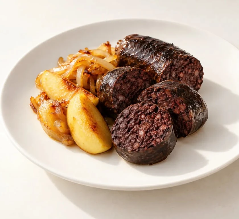 Boudin noir au Airfryer aux pommes servi dans une assiette