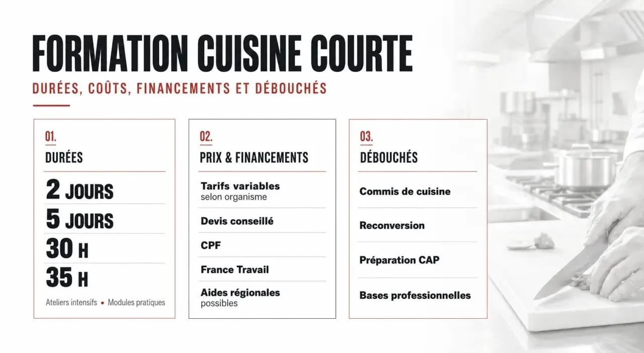 Formation cuisine courte : durées, prix, financements et débouchés en un coup d’œil