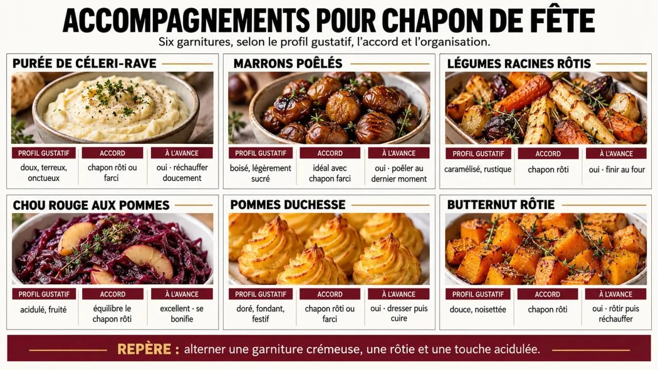 Infographie des meilleurs accompagnements pour accompagner un chapon rôti ou farci