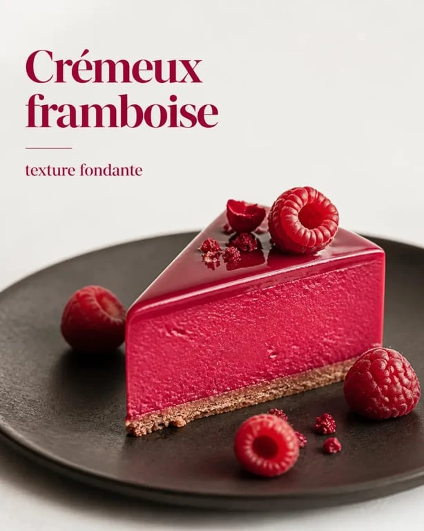 Crémeux framboises en part d’entremets avec coupe nette et texture lisse sur assiette sombre