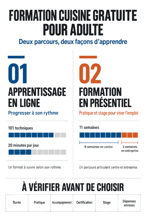 Infographie sur une formation cuisine gratuite pour adulte en ligne ou en présentiel