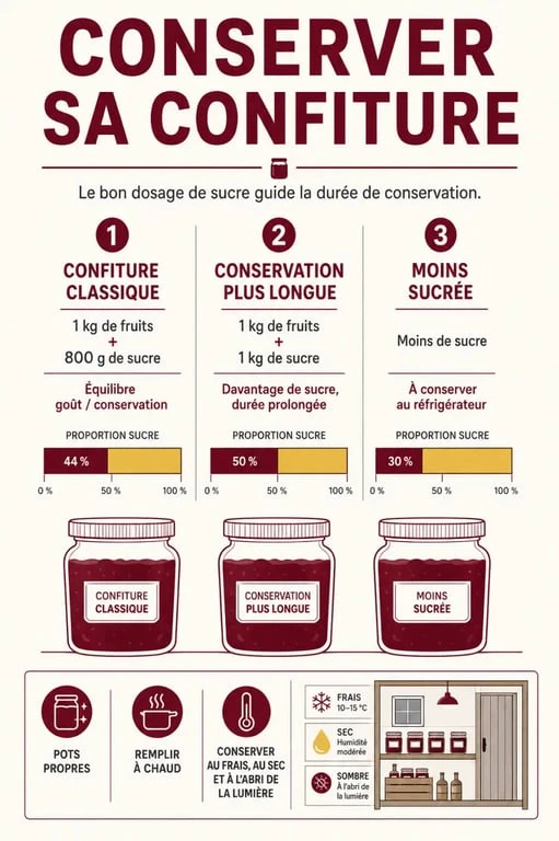 Infographie sur le conservateur confiture, les proportions de sucre et les conditions de stockage