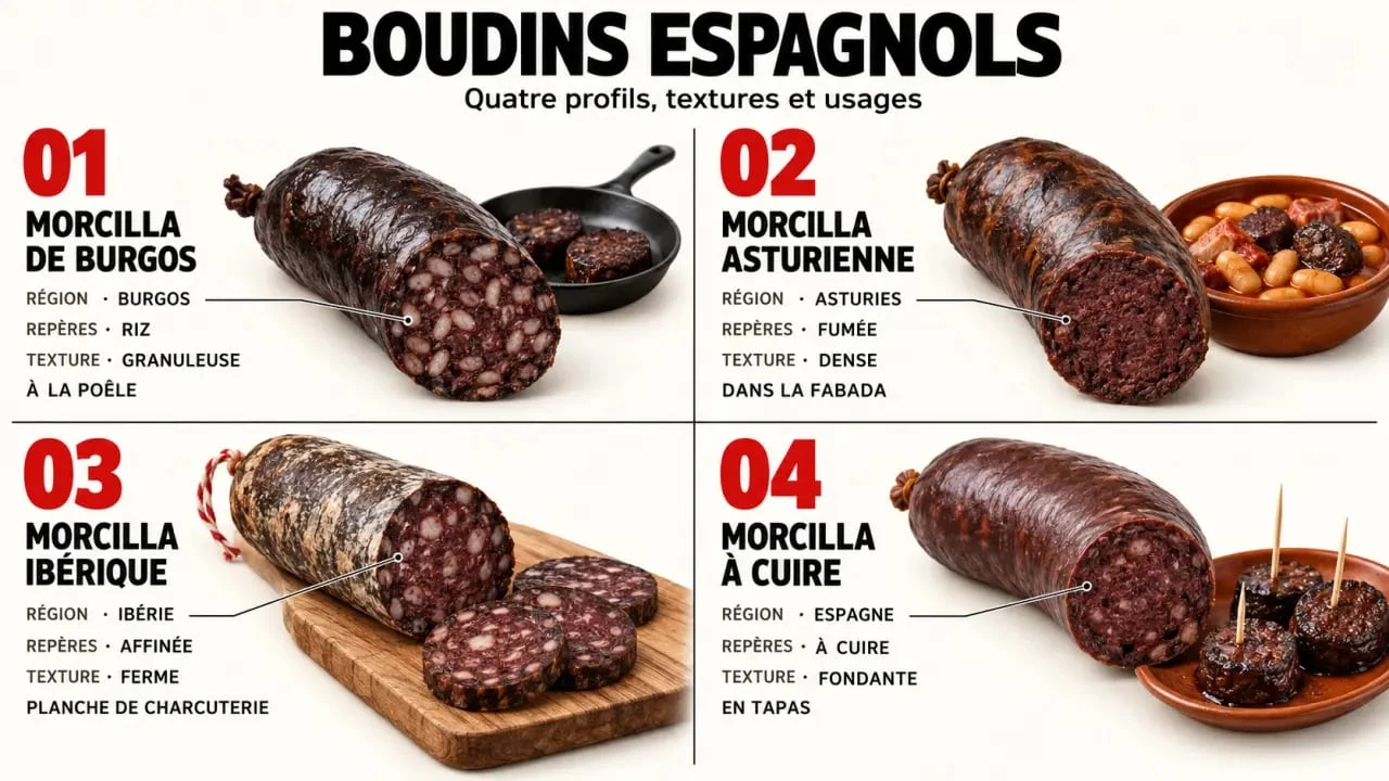 Les principales variétés de boudin espagnol : morcilla de Burgos, morcilla asturienne et morcilla ibérique