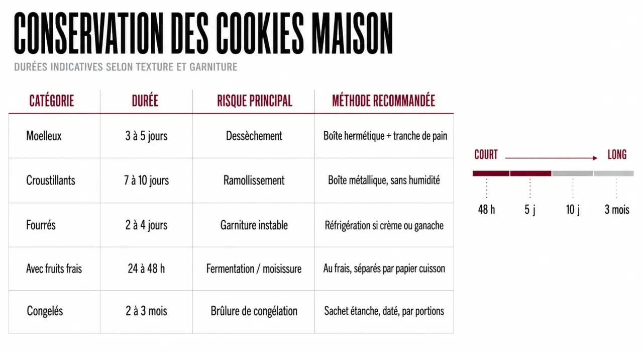 Conservation cookies maison : tableau visuel des durées et méthodes selon le type de cookie