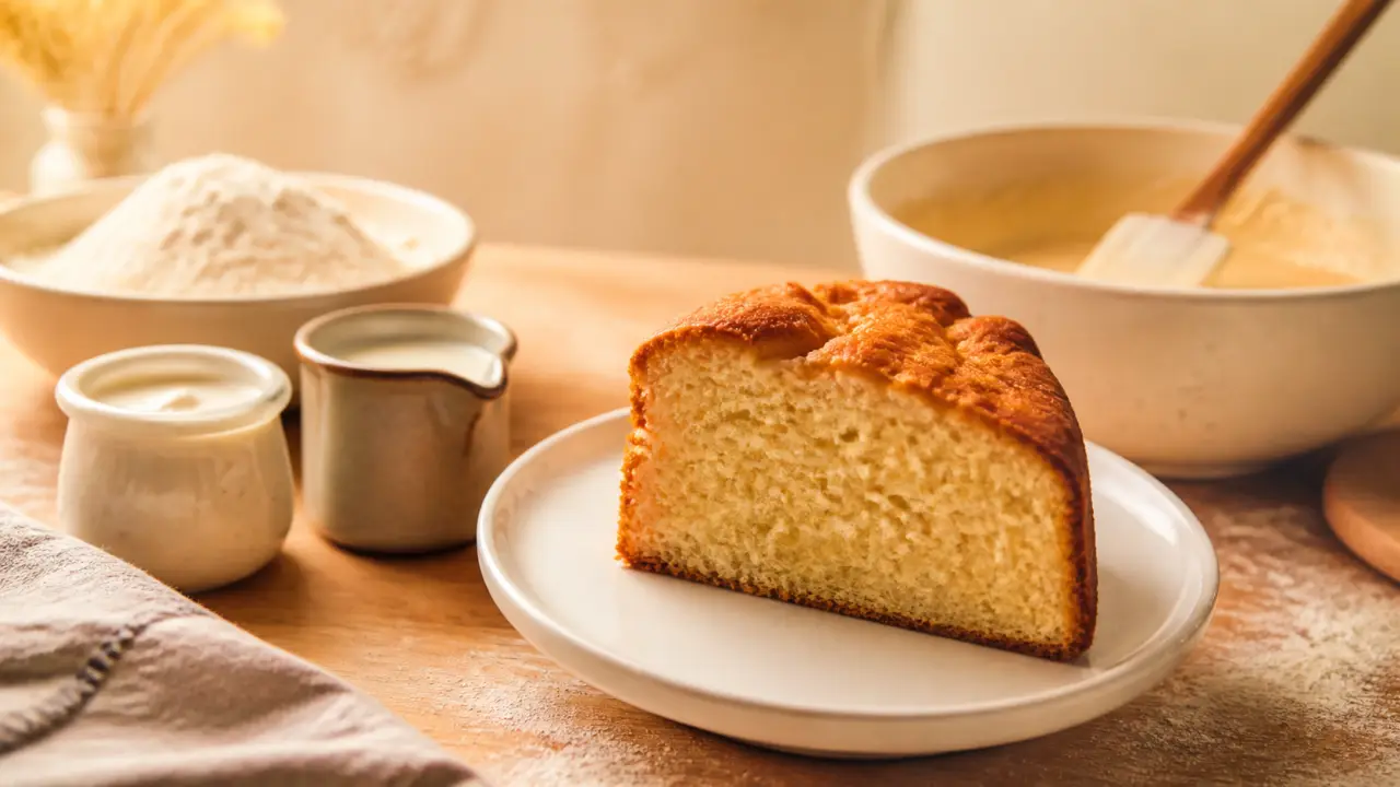 Gateau yaourt vegan moelleux au yaourt de soja sur table en bois