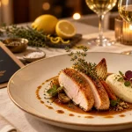 Menu gourmet en trois temps sur table, assiette et ardoise