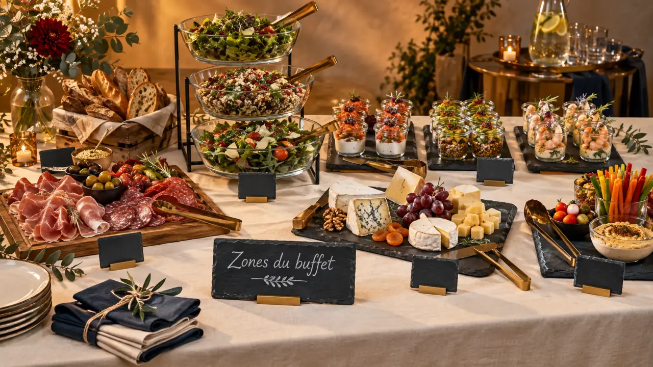 Présentation buffet froid déco : 5 zones sur table avec relief et circulation fluide