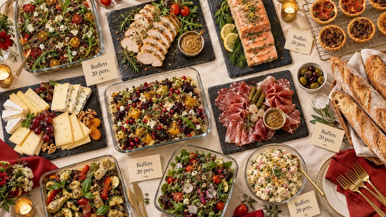 Quelle quantité pour un buffet froid de 20 personnes : salades 4 kg et protéines 3 kg, buffet froid