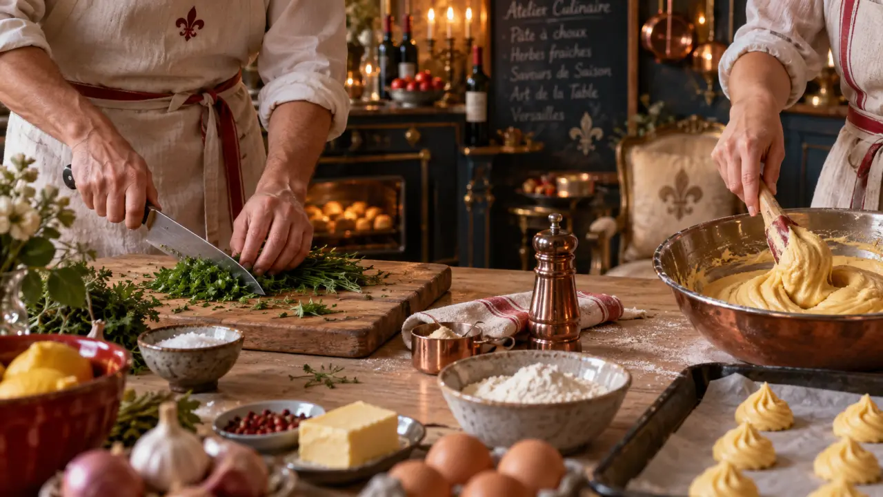 Versailles cours de cuisine : participants hachent des herbes et plient la pâte en atelier