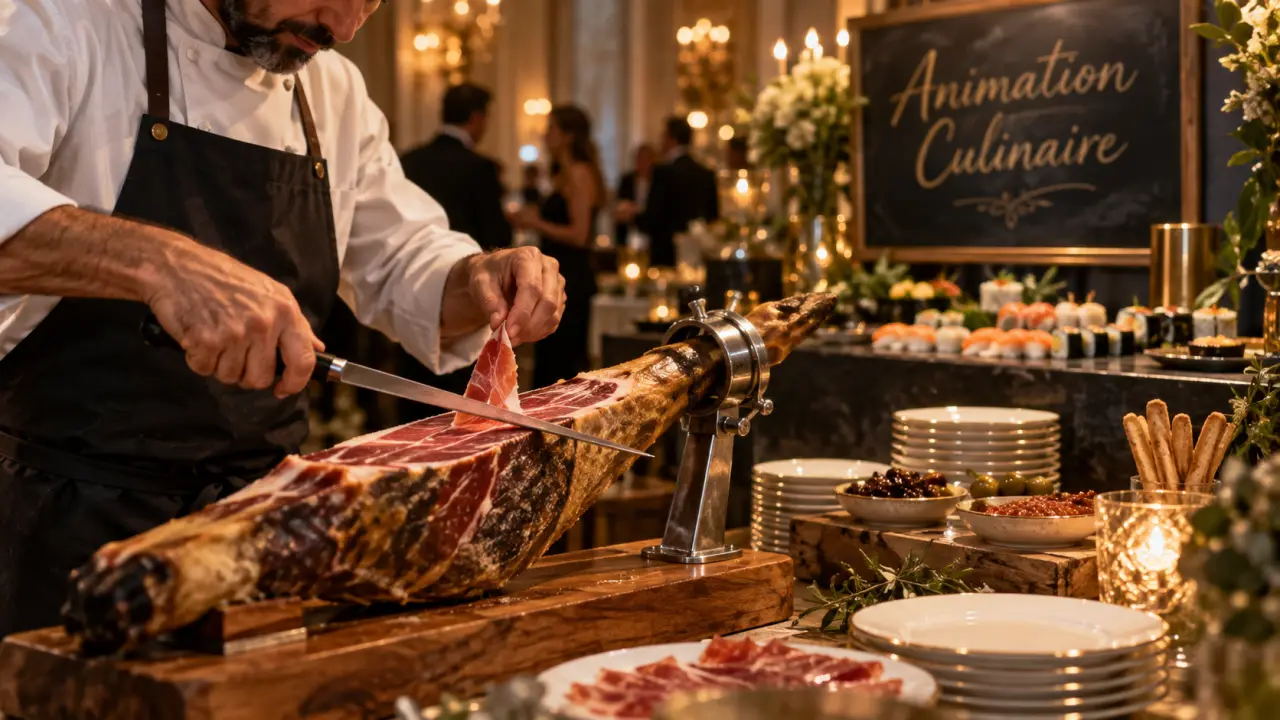 Animation culinaire à Paris : chef coupe du jambon sur stand de restauration-spectacle