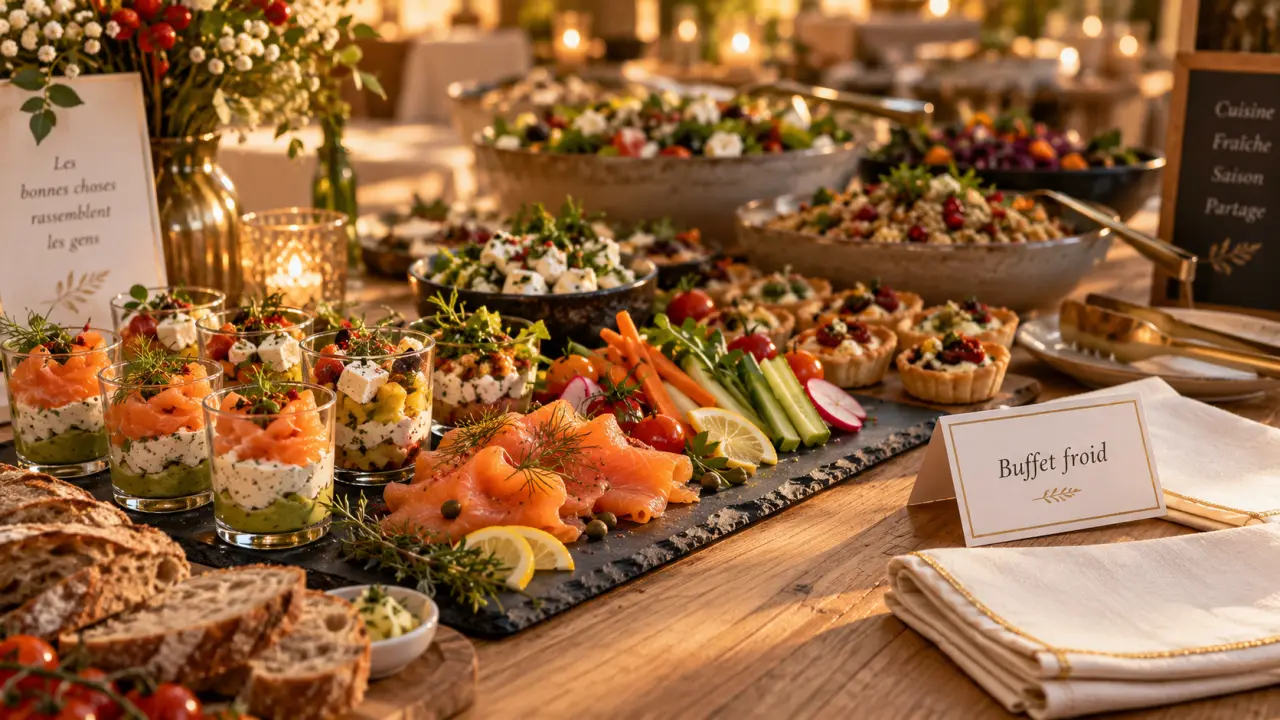 Buffet froid sur table : verrines, saumon fumé et crudités