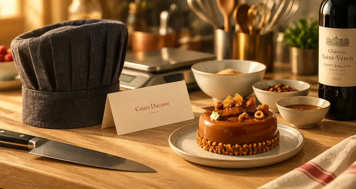 Cours de cuisine ducasse : plan de travail, couteau, entremets au caramel