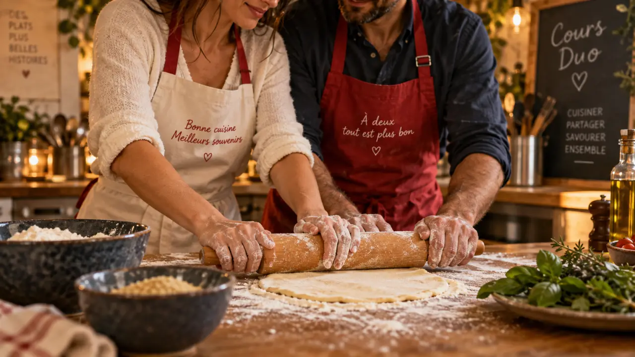 Cours de cuisine en couple : préparation à deux sur plan de travail
