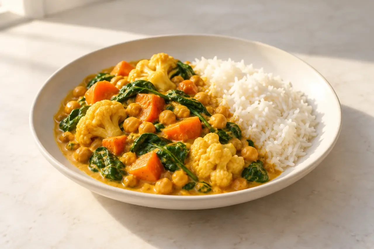 Idées recettes légumes : curry de légumes et pois chiches au lait de coco servi avec du riz