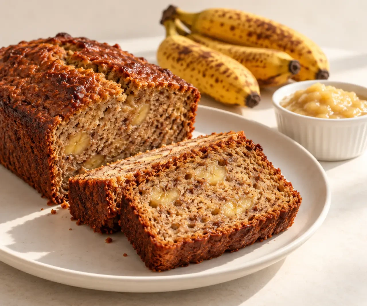 Banana bread sans beurre sans sucre ajouté, tranché et moelleux sur une assiette