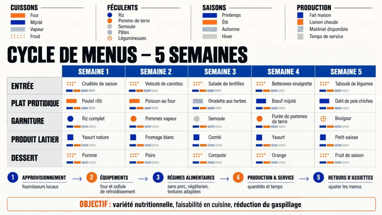 Infographie de planification de menus restauration sur un cycle de 5 semaines