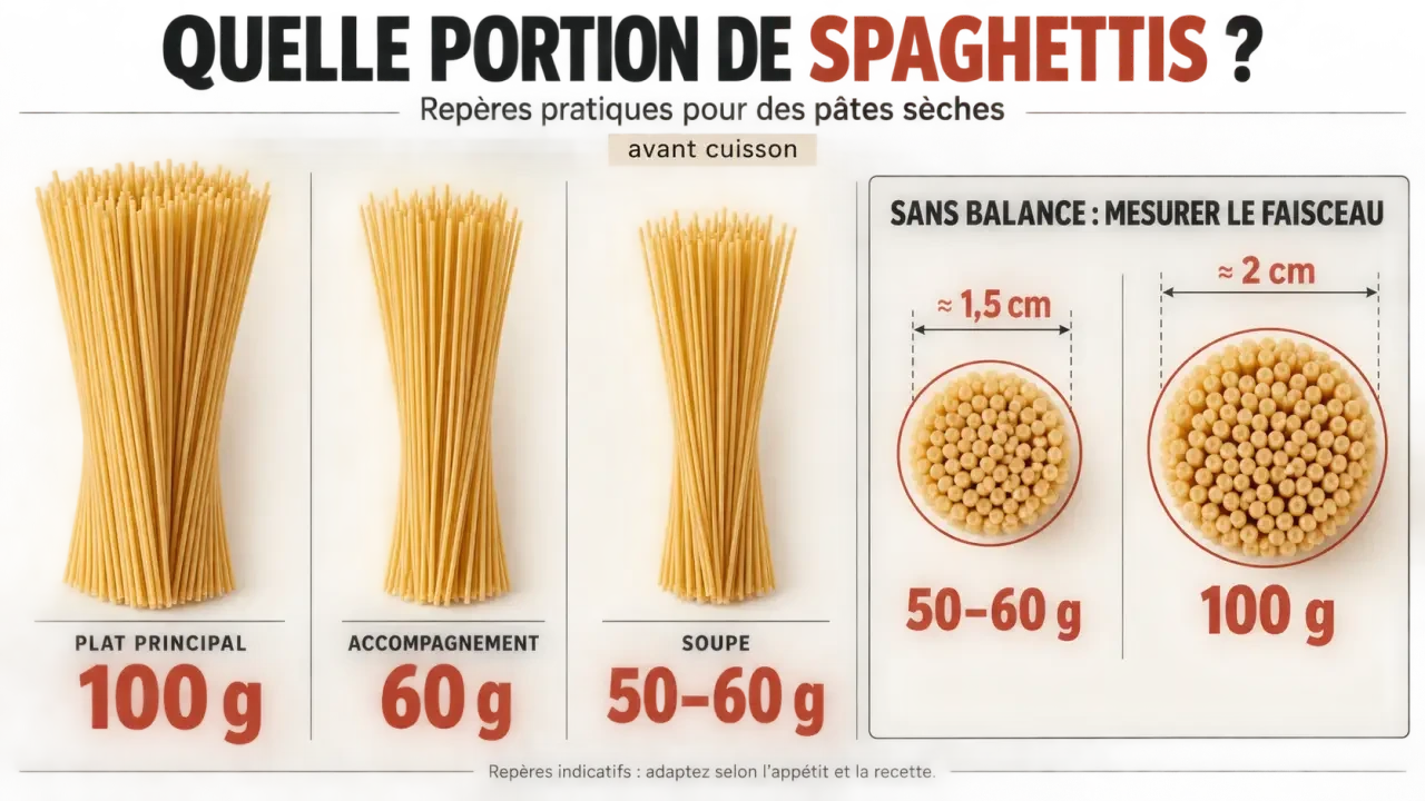 Combien de g de spaghetti par personne : repères de portions sèches et dosage sans balance