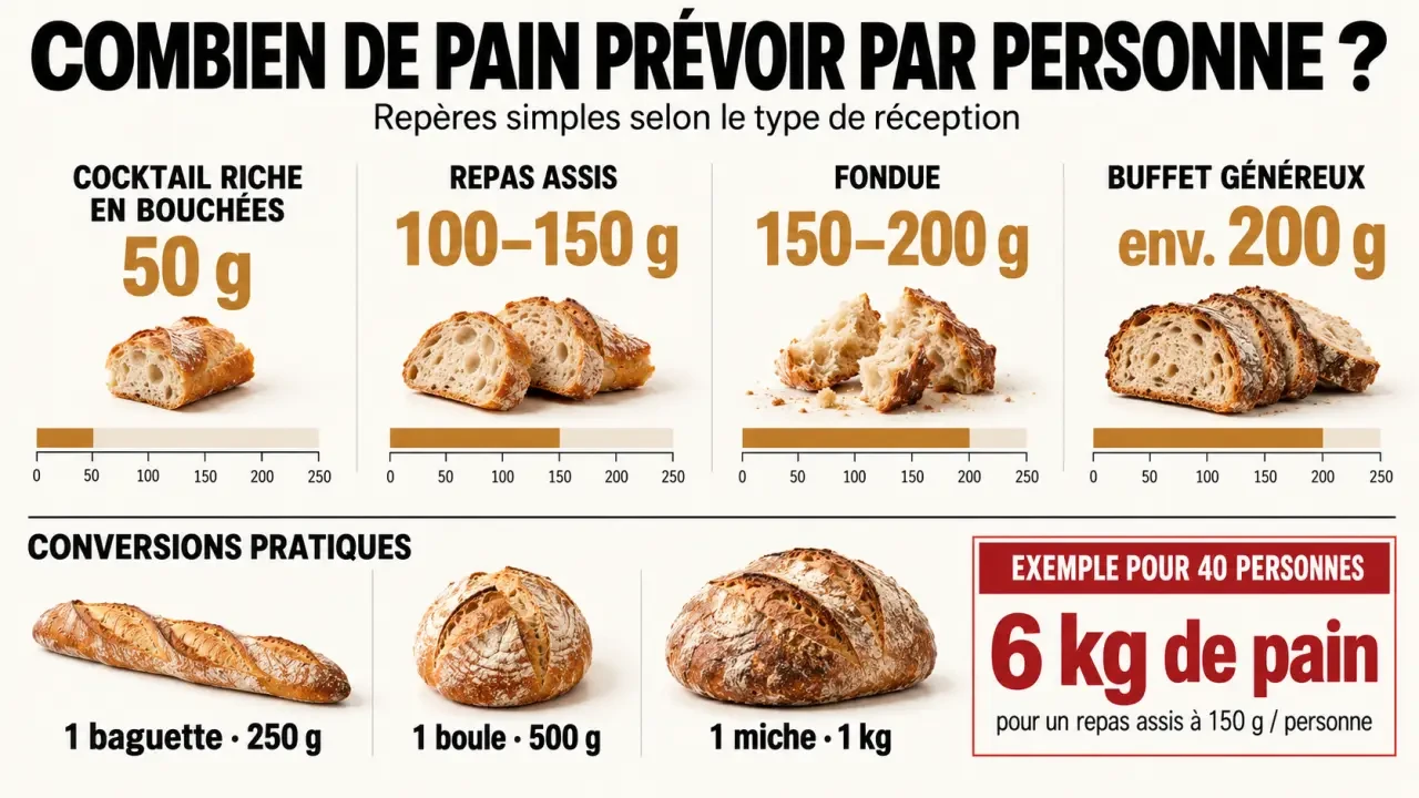 Infographie combien de pain par personne selon le type de repas et le format du pain