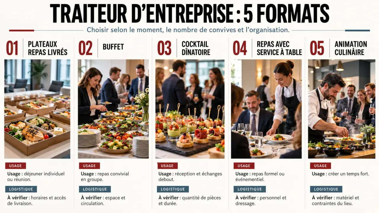 Formats de service traiteur pour entreprises à Strasbourg : plateaux repas, buffet, cocktail et repas avec service