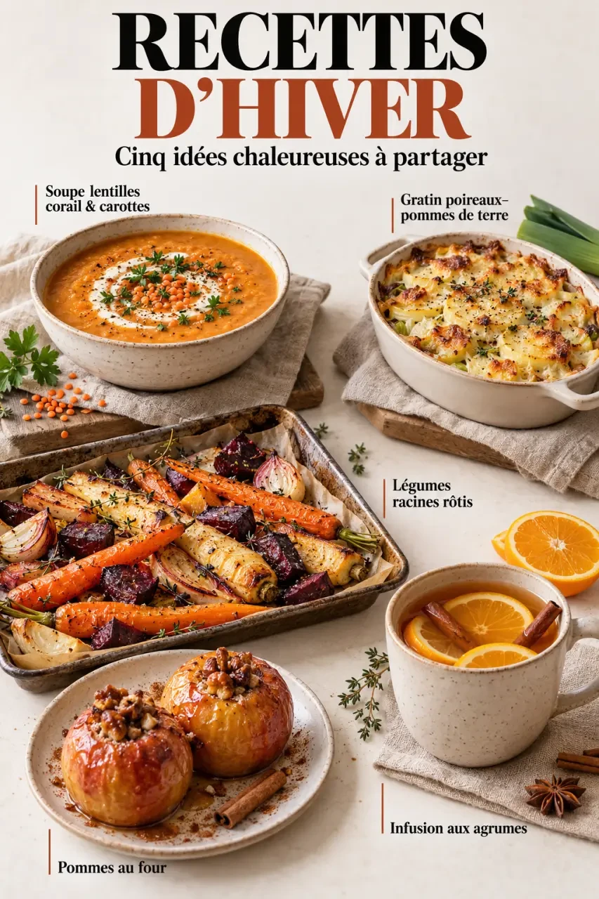 Idées recettes hiver avec soupe de lentilles, gratin de poireaux et pommes au four