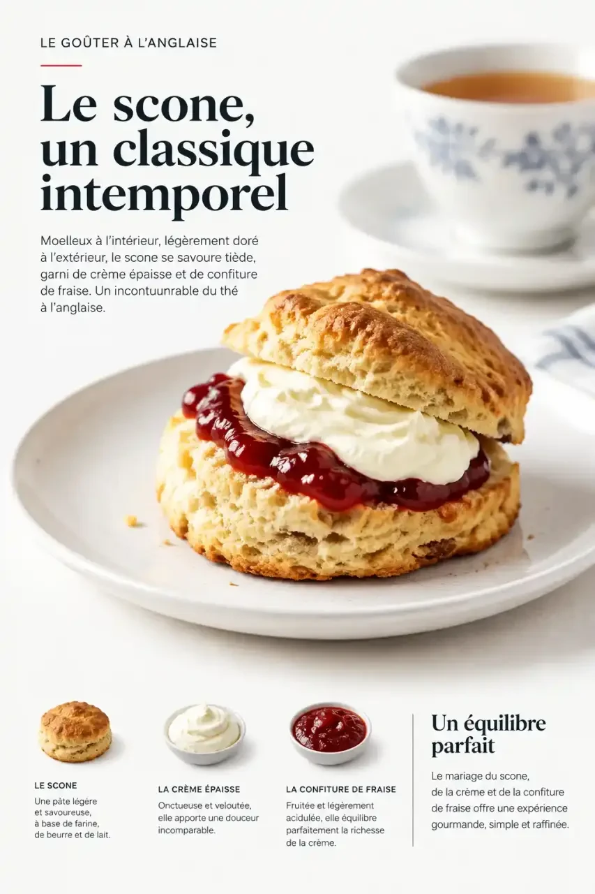 Scone garni de crème épaisse, équivalent français de la clotted cream, avec confiture de fraise