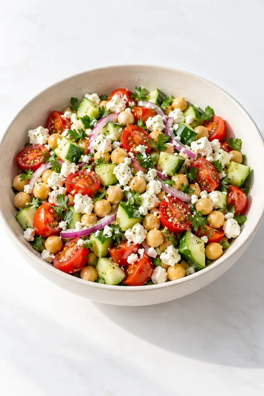 Idées recettes froides : salade de pois chiches, concombre, tomates et feta