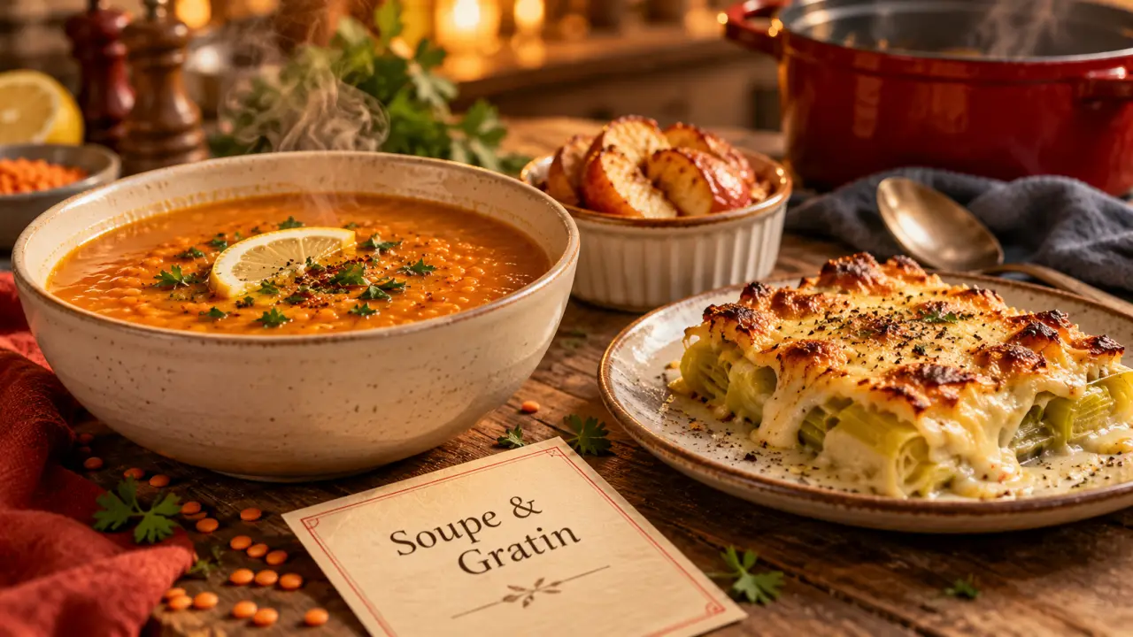 Idées recettes hiver : soupe de lentilles corail et gratin de poireaux